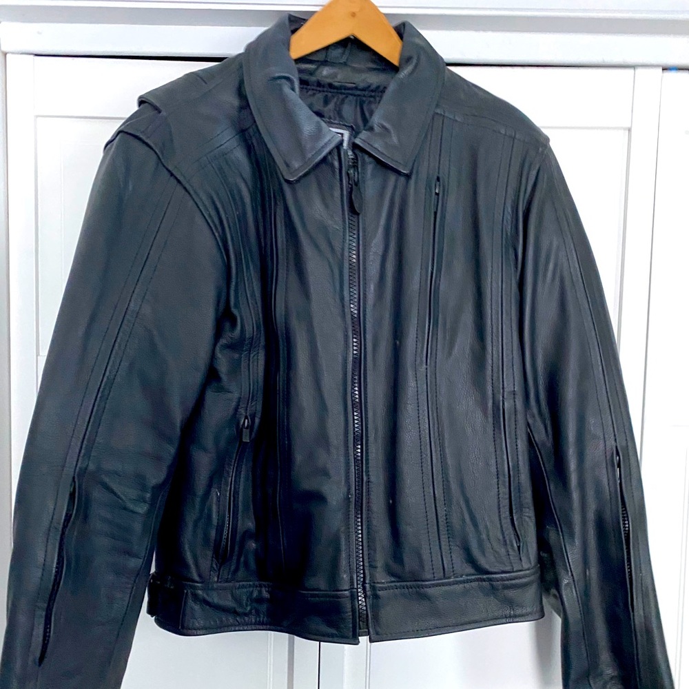 Leather motorcycle jacket.